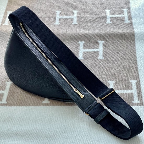 Large Banana Style Cross Body Sling Bag in Black Togo with Solid Brass Hardware