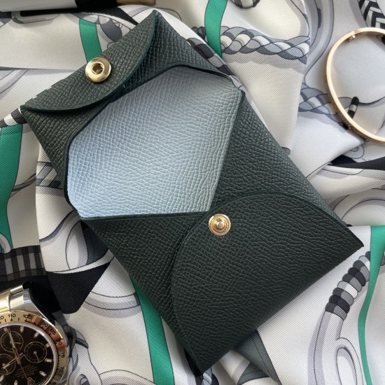Bastia Style Double Sided Epsom Leather Coin Purse in Vert Cypress & Blue Pale