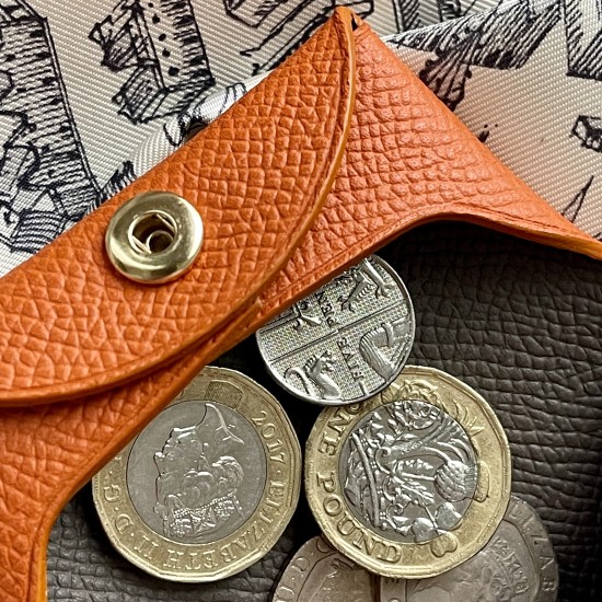 Bastia Style Double Sided Epsom Leather Coin Purse in Orange & Gris Etain
