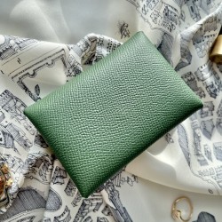 Calvi Duo Style Handmade Epsom Calf Leather Card Holder in Vert Anglais and Gris Mouette