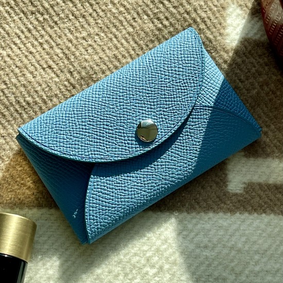 Handmade Compact Card & Cash Holder in Blue Paradis and Mauve Sylvestre Epsom Calfskin Handmade Compact Card & Cash Holder in Blue Paradis and Mauve Sylvestre Epsom Calfskin