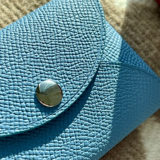 Handmade Compact Card & Cash Holder in Blue Paradis and Mauve Sylvestre Epsom Calfskin Handmade Compact Card & Cash Holder in Blue Paradis and Mauve Sylvestre Epsom Calfskin