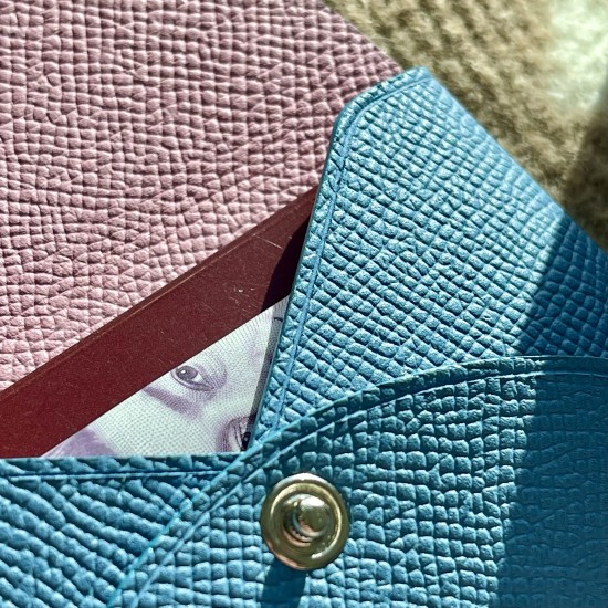 Handmade Compact Card & Cash Holder in Blue Paradis and Mauve Sylvestre Epsom Calfskin Handmade Compact Card & Cash Holder in Blue Paradis and Mauve Sylvestre Epsom Calfskin
