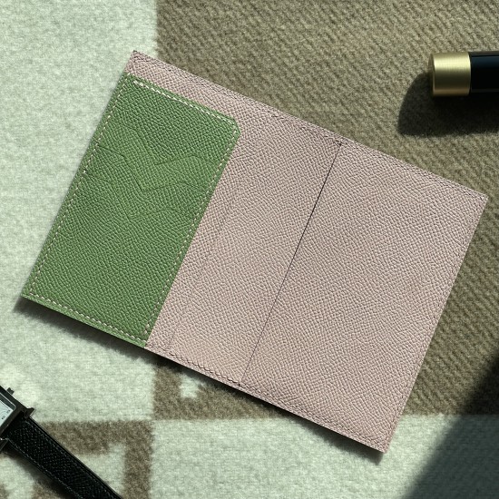 3CC Style Passport and Card Sleeve in Rose Sakura and Vert Criquet Epsom Calfskin