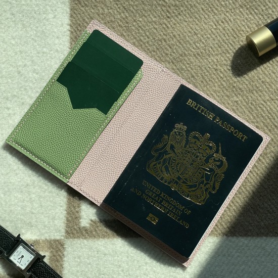 3CC Style Passport and Card Sleeve in Rose Sakura and Vert Criquet Epsom Calfskin