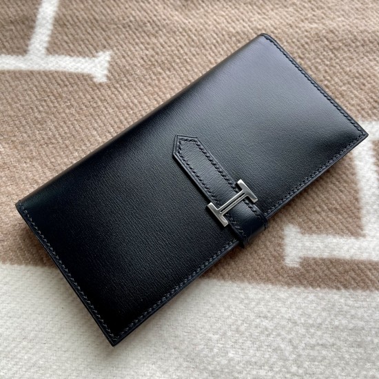 Long Wallet in Black Box Calf with 5 Card Slots and Zip Compartment 