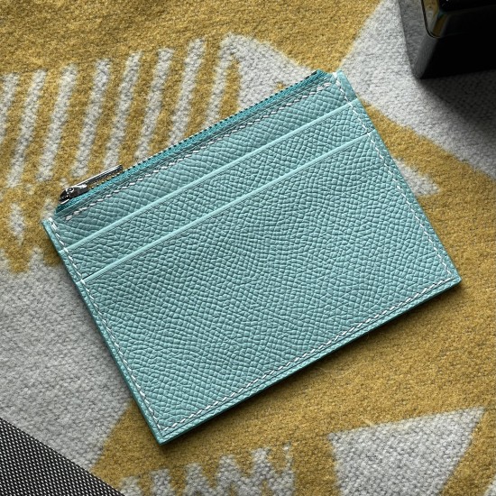 Handmade Epsom Calfskin Slim Card Holder with Zip Compartment in Bleu Atoli and Blue Hydra with White Stitching