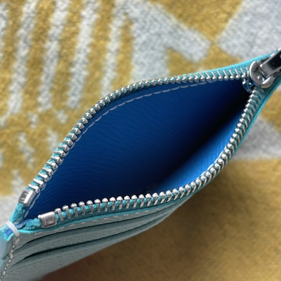 Handmade Epsom Calfskin Slim Card Holder with Zip Compartment in Bleu Atoli and Blue Hydra with White Stitching