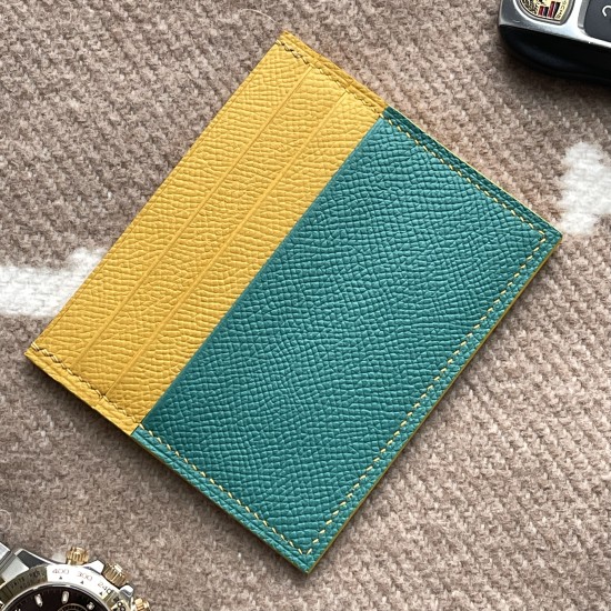 Handmade Slim 6 Card Card Holder in Blue Paon & Jaune Ambre Epsom and Yellow Stitching