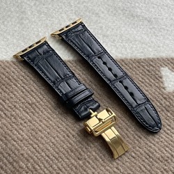 Deep Blue Crocodile 18k Gold Plated Hardware with Blue Stitching